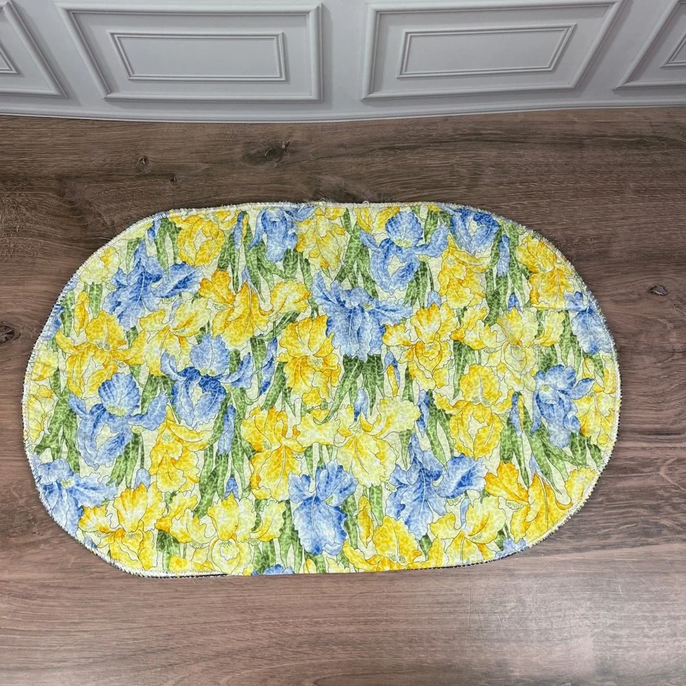 Handmade Placemats Yellow Blue Reversible Floral Iris Oval Quilted Set of 2